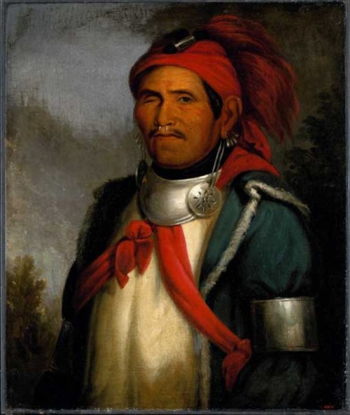 Portrait of a man in traditional attire, featuring a red feather headdress and silver jewelry, set against a muted background.