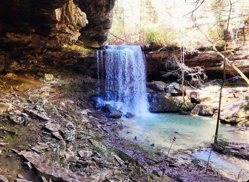 A serene waterfall cascades into a clear pool, surrounded by rocky terrain and lush greenery in a tranquil forest setting.
