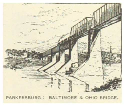 Illustration of the Baltimore & Ohio Bridge in Parkersburg, featuring a train crossing over a river.