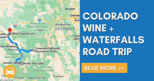 Map highlighting a road trip route in Colorado featuring wine and waterfalls, with a call to action to read more.