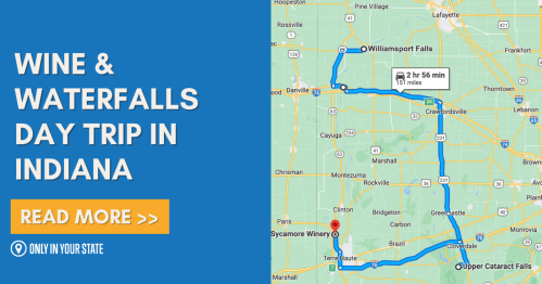 Map of a day trip in Indiana featuring wineries and waterfalls, with a route highlighted from Sycamore Winery.