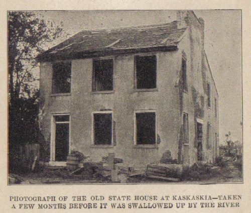 Historic photograph of the old state house at Kaskaskia, showing its dilapidated exterior before being engulfed by the river.