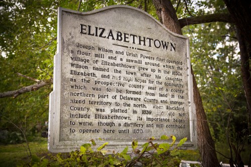 Historical marker about Elizabethtown, detailing its founding and significance in the 1830s.