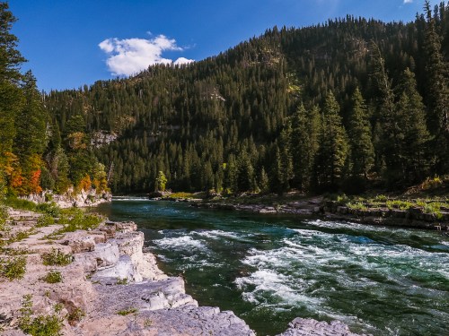 A serene river flows through a forested landscape, with rocky banks and lush greenery under a blue sky.