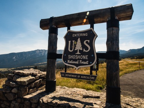 Sign marking the entrance to Shoshone National Forest, with mountains and blue sky in the background.