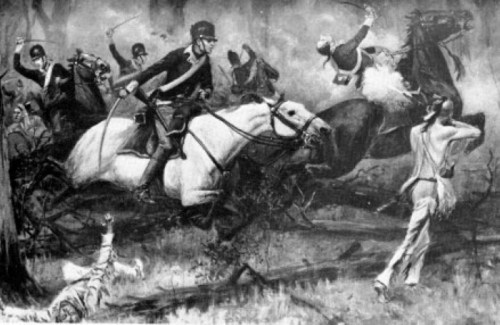 A historical scene depicting cavalry soldiers on horseback in a chaotic battle, with figures and horses in motion.