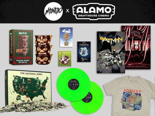 A collection of themed merchandise including vinyl records, posters, and a map, featuring Mondo and Alamo Drafthouse logos.
