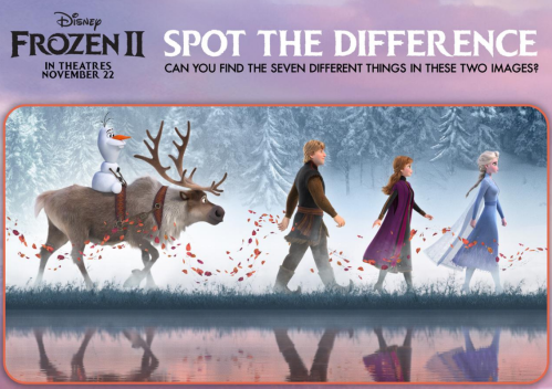 A promotional image for Frozen II featuring characters Olaf, Kristoff, Anna, and Elsa with a "Spot the Difference" challenge.