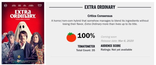 Movie poster for "Extra Ordinary," featuring a ghostly figure and characters, with a 100% Tomatometer rating.