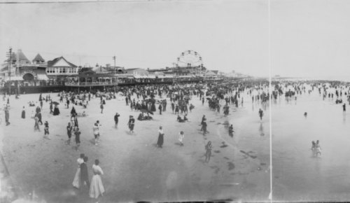 A crowded beach scene from the past, with people enjoying the shore and a ferris wheel in the background.