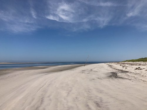 A serene beach scene with soft sand, gentle waves, and a clear blue sky, featuring a lone pole in the distance.