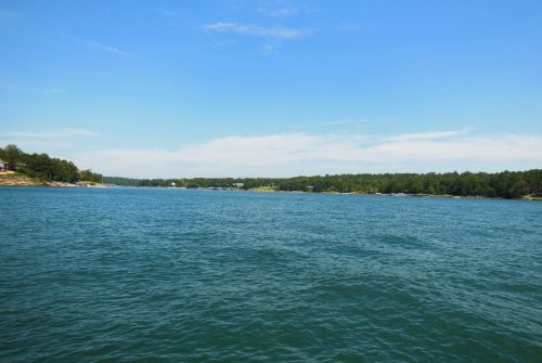 A serene lake view with clear blue water and green trees lining the shore under a bright blue sky.