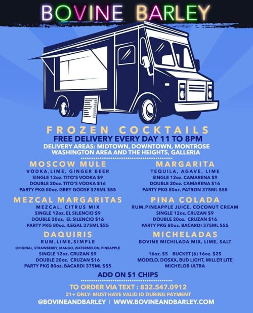 Menu for Bovine Barley food truck featuring frozen cocktails like Moscow Mule, Margarita, and Piña Colada.