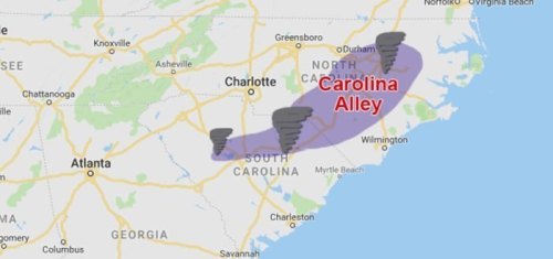 Map highlighting "Carolina Alley" in the southeastern U.S., indicating areas prone to tornadoes.
