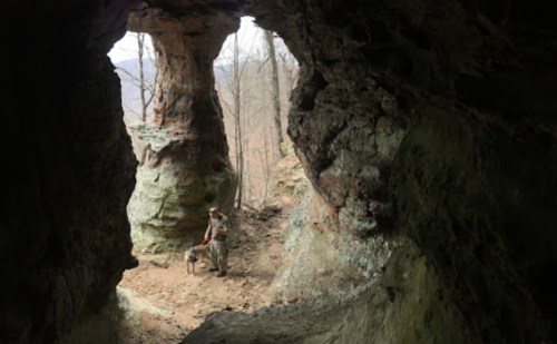 A person stands with a dog inside a rocky cave, surrounded by trees and a distant landscape.