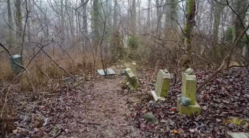 A misty, overgrown path in a forest with several old, weathered gravestones among bare trees and fallen leaves.