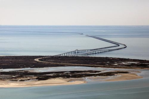 A long pier extends over calm waters, connecting land to the horizon, with sandy shores and wetlands nearby.
