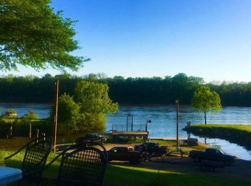 A serene riverside view with green trees, a dock, and parked trucks under a clear blue sky.
