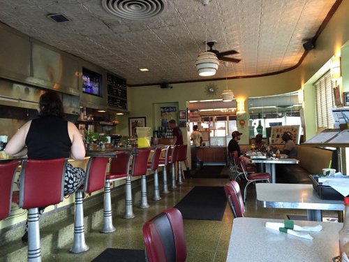A retro diner interior with red bar stools, a counter, and patrons enjoying drinks. Warm lighting and vintage decor.