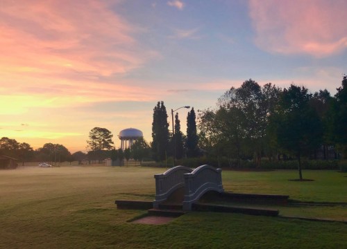 A serene landscape at sunrise featuring a small bridge, trees, and a water tower in the background.
