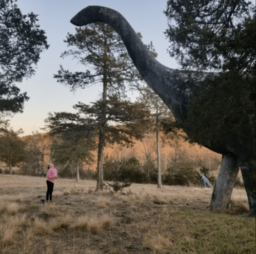 A person in a pink jacket stands near a large dinosaur statue surrounded by trees and grass.