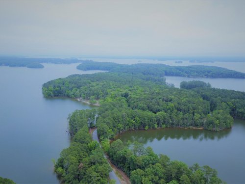 Aerial view of a lush green landscape with a lake and islands, surrounded by dense trees under a cloudy sky.