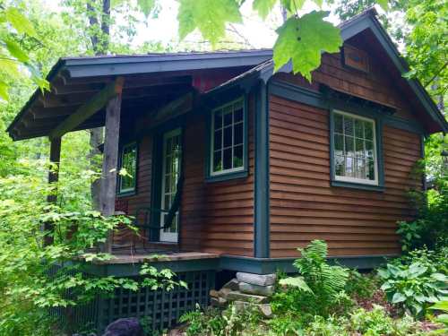 A cozy wooden cabin surrounded by lush green trees and plants, featuring a porch and large windows.