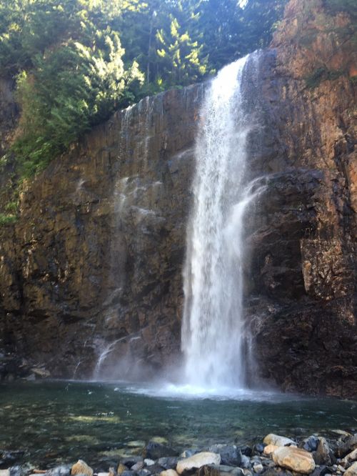 A tall waterfall cascading down rocky cliffs into a clear pool, surrounded by lush green trees.