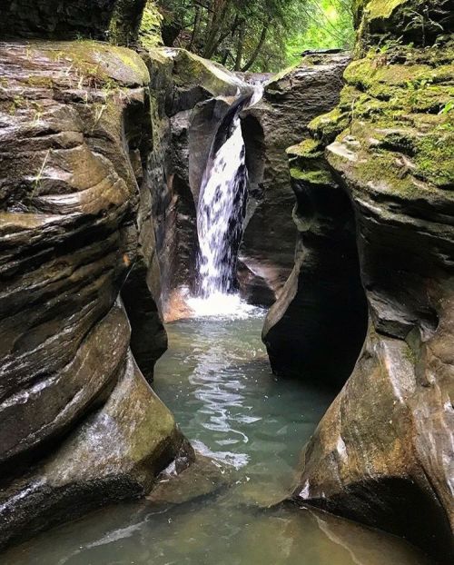 A serene waterfall cascades through rocky cliffs, surrounded by lush greenery and a tranquil pool below.