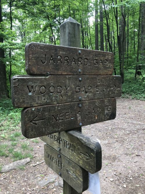 Wooden trail signpost in a forest, indicating directions to Jarrard Gap, Woody Gap, Neels Gap, and water.