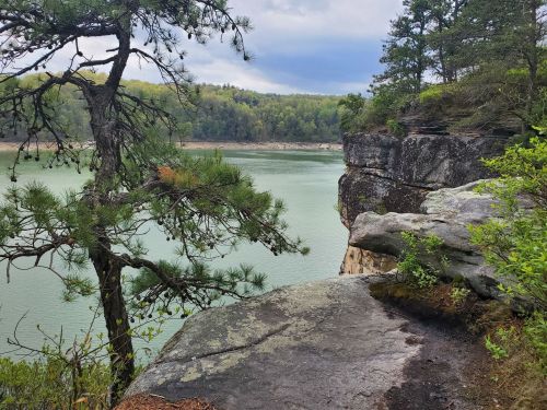 A serene view of a rocky cliff overlooking a calm lake, surrounded by lush greenery and trees.