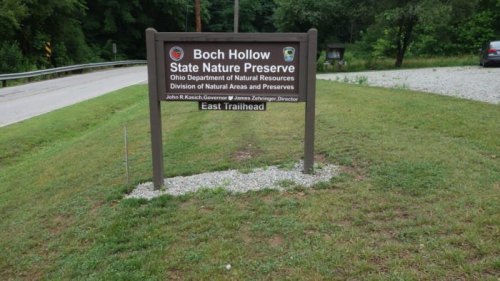 Sign for Boch Hollow State Nature Preserve, indicating the East Trailhead and managed by Ohio Department of Natural Resources.