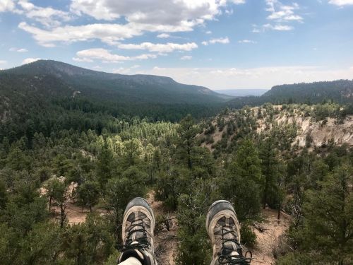 A pair of hiking boots resting on a ledge, overlooking a lush green valley and distant mountains under a cloudy sky.