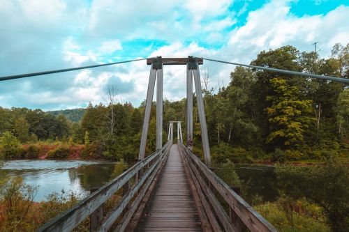 A wooden suspension bridge spans a river, surrounded by lush green trees and a cloudy blue sky.