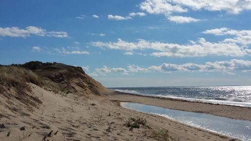 A serene beach scene with a sandy shore, gentle waves, and a clear blue sky dotted with clouds.