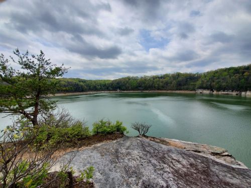 A serene lake surrounded by lush greenery and rocky cliffs under a cloudy sky.
