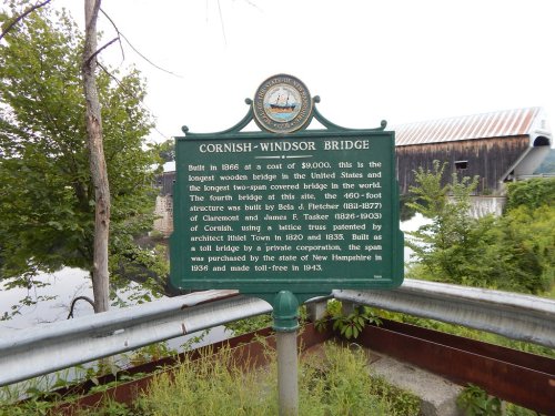 Historical marker for the Cornish-Windsor Bridge, detailing its construction and significance as the longest wooden bridge in the U.S.