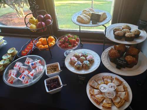A buffet table with fruits, pastries, muffins, yogurt, and desserts displayed on tiered stands and plates.