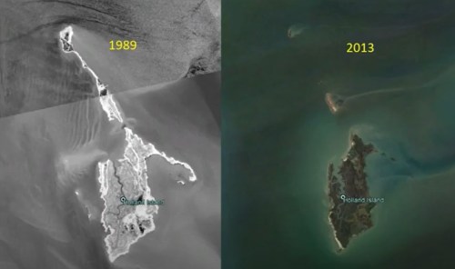 Comparison of Qaland Island in 1989 (black and white) and 2013 (color), showing significant changes in landscape.