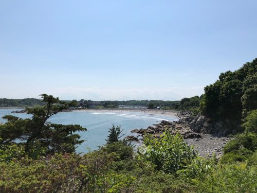 A scenic view of a beach surrounded by rocky shores and lush greenery under a clear blue sky.