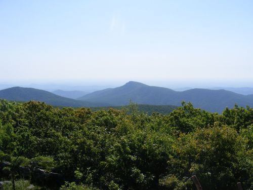 A panoramic view of rolling green mountains under a clear blue sky, with a distant peak visible on the horizon.