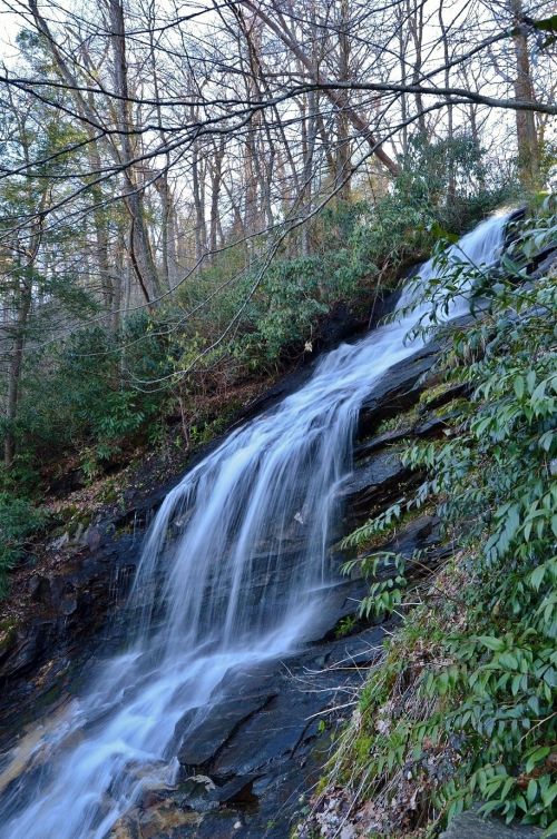 A serene waterfall cascading down rocky terrain, surrounded by lush greenery and trees in a tranquil forest setting.