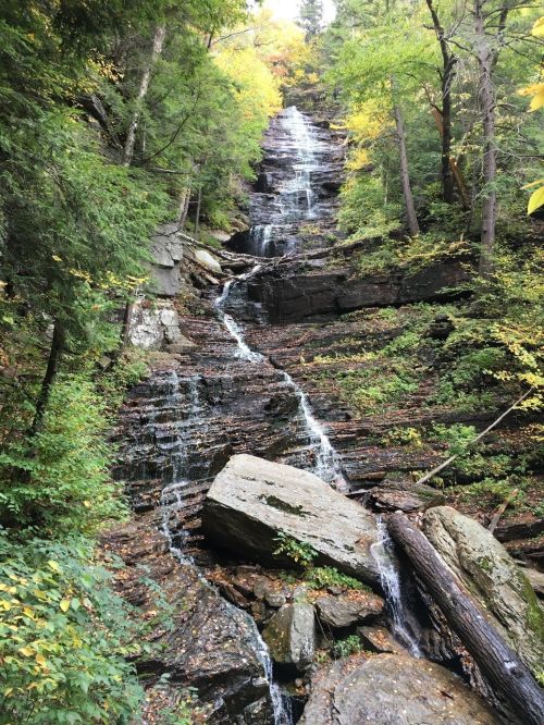 A cascading waterfall flows down rocky terrain, surrounded by lush green trees and autumn foliage.