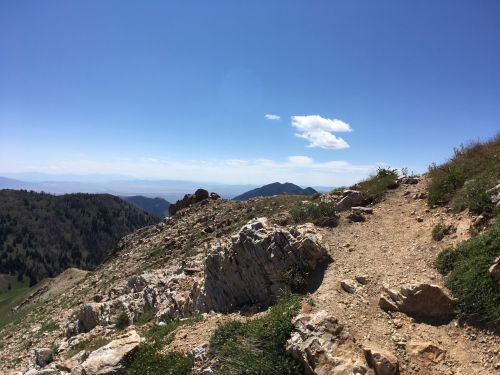 A rocky mountain trail leads through green hills under a clear blue sky with a few clouds in the distance.