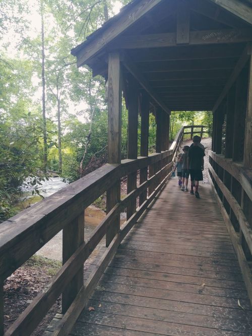 A wooden walkway leads through trees, with two people walking towards a stream in the background.