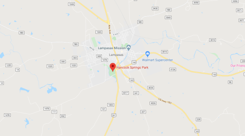 Map showing Hancock Springs Park in Lampasas, Texas, with nearby landmarks like Walmart Supercenter and Lampasas Mission.