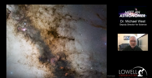 A cosmic image of a galaxy with Dr. Michael West, Deputy Director for Science at Lowell Observatory, speaking.