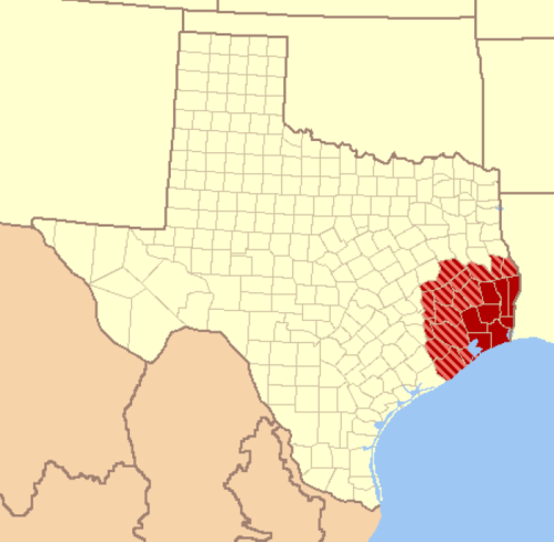 Map of Texas highlighting counties in red, indicating a specific region in the southeastern part of the state.