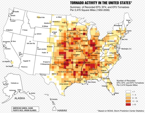 Map of the U.S. showing tornado activity (1950-2006) with color gradients indicating frequency of EF3, EF4, and EF5 tornadoes.