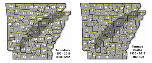 Maps of Arkansas showing tornado occurrences (1950-2019) and tornado-related deaths (1950-2019) with totals.